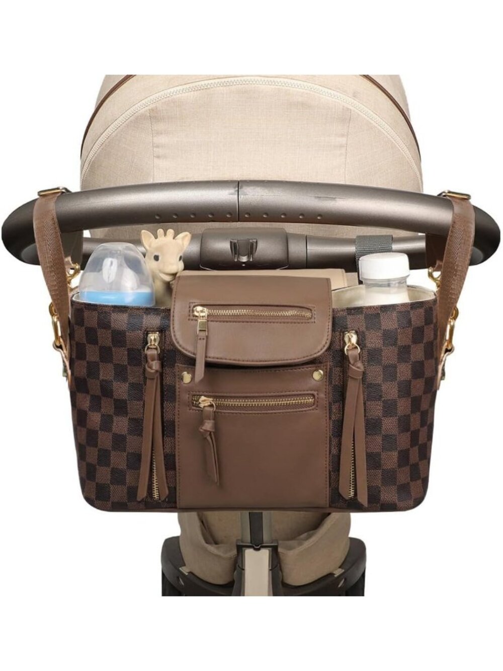 Checkered Stroller Caddy with Insulated Cup Holder | Universal Organizer Bag for